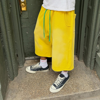 Pantalones Cortos 3/4 con Logotipo Personalizado, Lavado Ácido, 100% Algodón, Estilo Vintage, Pierna Ancha, Cintura Elástica con Cordón, para Hombre