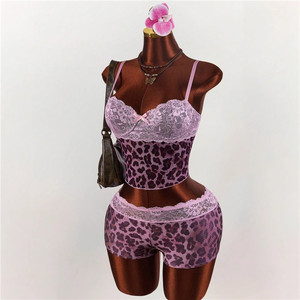 طقم نسائي من قطعتين بنقشة الفهد، توب قصير مثير بفتحة رقبة منخفضة وظهر مكشوف مع شورت ضيق، أزياء الشارع العصرية للفتيات - Product Image 2