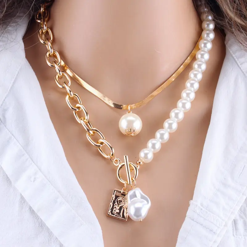 Perlas de moda geométricas múltiples amuleto de la suerte colgantes collares para Mujeres Nuevo diseño 2 capas collar de joyería
