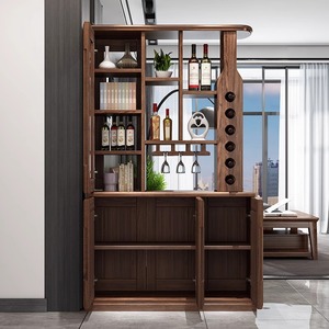 Meuble de salon en bois massif de noyer, style chinois moderne, avec rangement pour vin, cloison de séparation, meuble d'entrée avec étagères et portes - Product Image 1