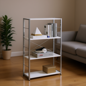 Libreria Tennos Bianca con Finitura Cromata, 4 Ripiani, Design Moderno, Arredamento per Soggiorno - Product Image 2