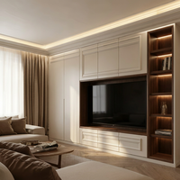 Mueble de TV de Pared Integrado de Estilo Escandinavo de Lujo en Blanco y Nogal con Iluminación LED, Muebles de Sala de Estar a Medida