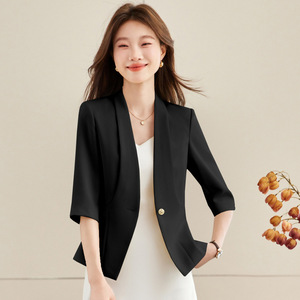 Women's Blazer Three Quarter Sleeve Slim Fit Light Yellow Solid Color Korean Style Commute Interview Wear Worsted Fabric - Product Image 2