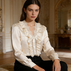 Oferta especial en blusa de mujer Temu con volantes, encaje, manga larga, cuello en V y botones de perlas para ocasiones casuales y formales - Product Image 4