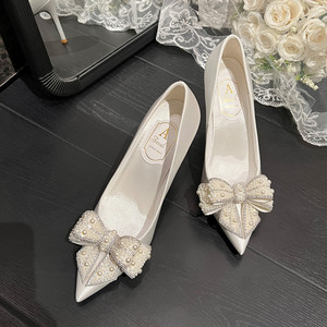 Bride New White Wedding <b>Shoes</b> Women's Stiletto Pointed Toe Satin Pearl Bow High Heels for Ladies - Product Image 1