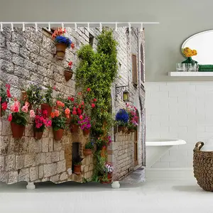 European Italian Town Mediterranean Garden Street Nature Outdoor Scene Shower Curtain with Hooks