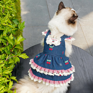 Weiwang Denim <b>Cherry</b> Overalls <b>Dress</b> Summer Pet Clothes For Dogs Skirt Embroidered Pattern - Product Image 4