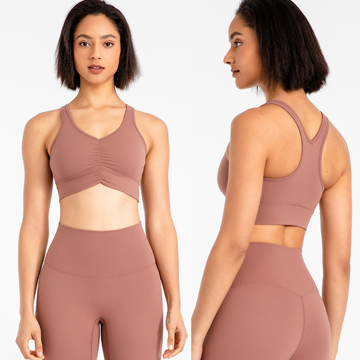 Women's V Neck Brushed Fabric Scrunch Front Yoga Bras Breathable High Stretchy Wire Free Racerbak Sports Bra