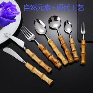 Stainless Steel <b>Steak</b> <b>Knife</b> Fork Spoon Set Bamboo Handle Western Cutlery Dinnerware For Home Use - Product Image 4