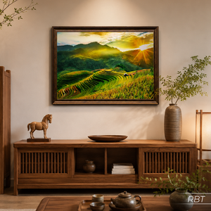 Peinture à l'huile artisanale vietnamienne de paysage de terrasses de rizières, art mural sur toile de qualité supérieure, service OEM ODM, modèle RBT - Product Image 1