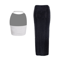 Conjunto de 2 Piezas para Adolescentes con Pedrería Brillante, Top Corto Halter y Falda Maxi, para Baile y Fiestas, Negro y Blanco, con Relleno