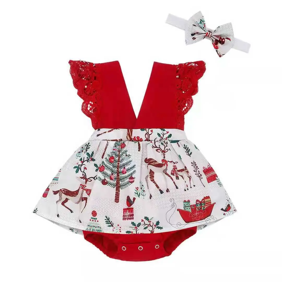 Christmas V Neck Lace Tutu design Floral Printed Baby Girl Jumpsuit Bodysuit Skirt dress