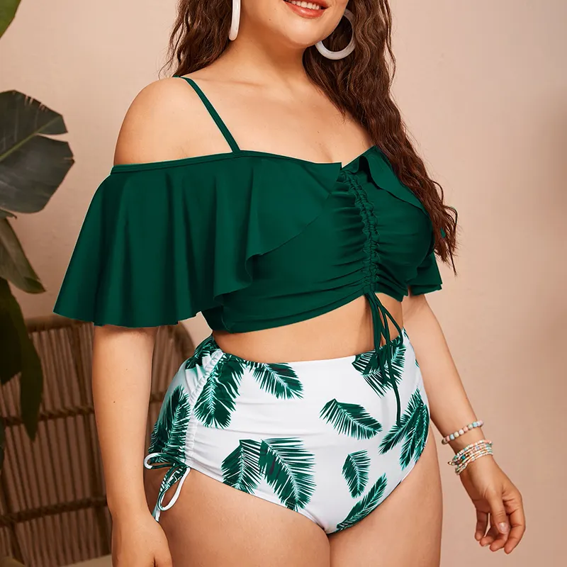 Vente en gros OEM-Maillot de bain deux pièces imprimé à volants pour femmes rondes-Maillot de bain grande taille xxxxl avec cordon de serrage