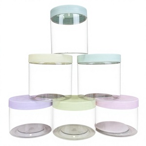 Wholesale Custom Logo Clear PET Cosmetic <b>Jars</b> with Macaron Pastel Lids, Empty Wide Mouth Plastic Cream Containers for Skincare - Product Image 1