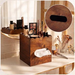 Caja de pañuelos de madera con bandeja organizadora para maquillaje y uso en el escritorio, diseño cuadrado de madera maciza - Product Image 1