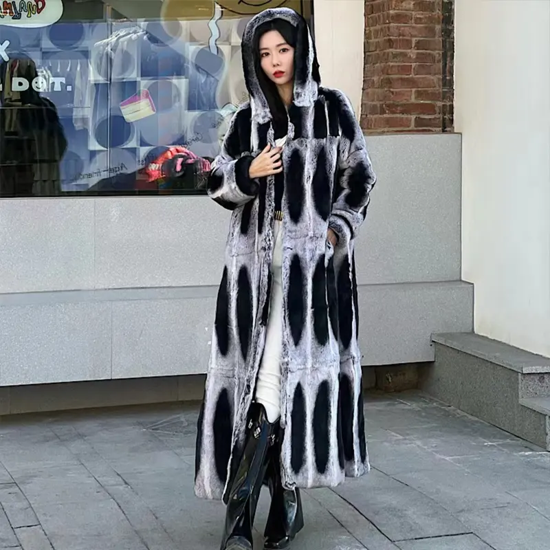Nouveau design de luxe pour femmes-Vestes en fourrure surdimensionnées-Manteau en fourrure de chinchilla de lapin Rex véritable avec capuche