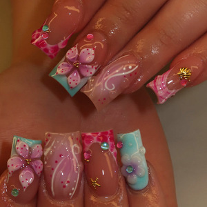 24 <span class=keywords><strong>Uñas</strong></span> Postizas Acrílicas <span class=keywords><strong>de</strong></span> Lujo <span class=keywords><strong>con</strong></span> Diseño Floral 3D, Largas, Coloridas, Estilo Francés, Hechas a Mano, Cobertura Completa <span class=keywords><strong>con</strong></span> Pegamento, Venta al Por Mayor - Product Image 1