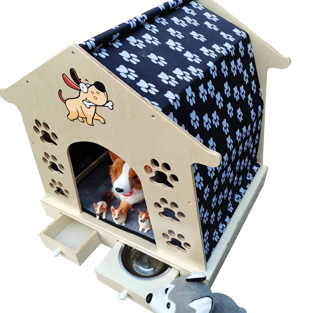 Wooden Pet House with Roof for Dogs Indoor Use, Easy Assemble Breathable Dog Crate for Small Medium Dog Cat, Dog Kennel for Play