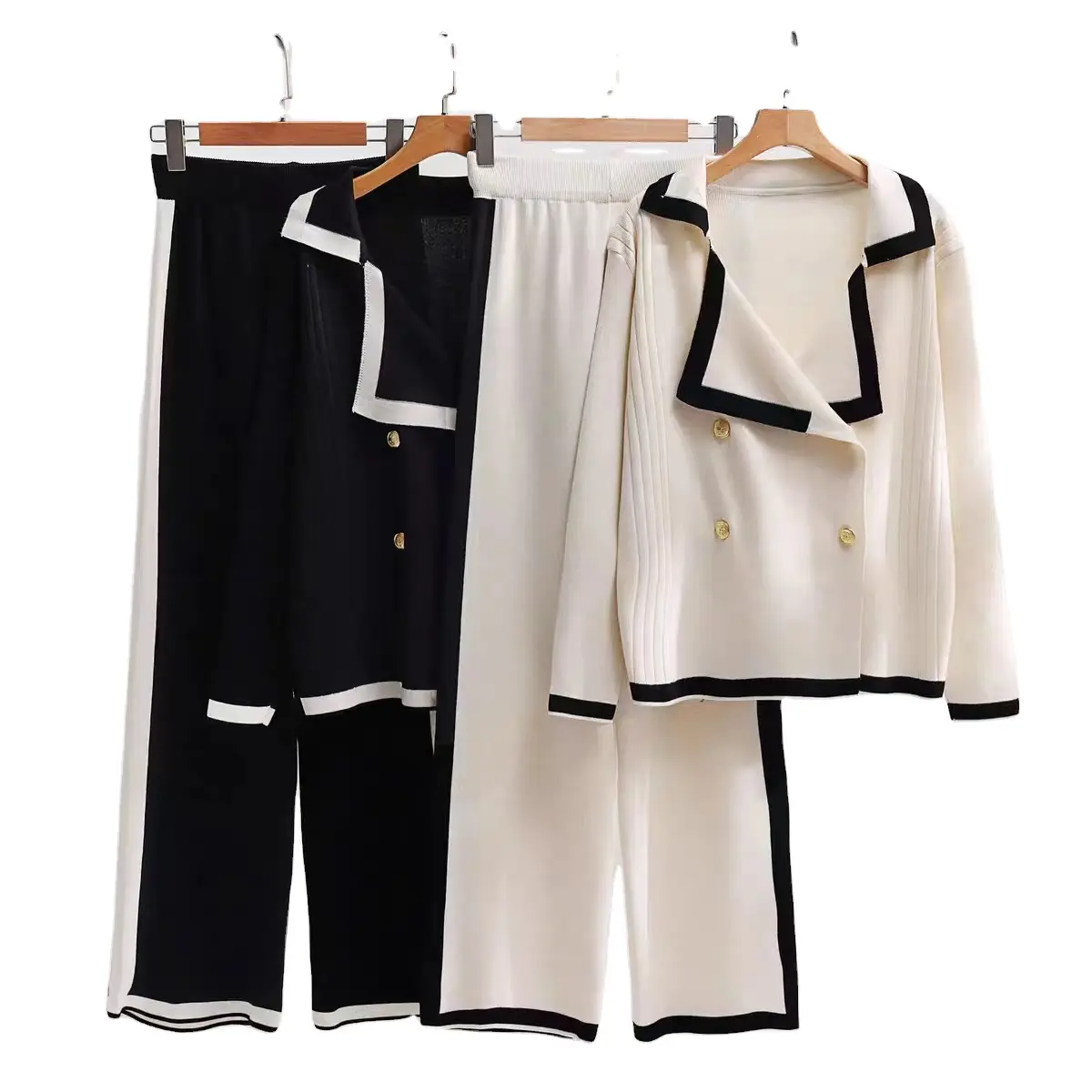 उच्च गुणवत्ता वाली महिलाओं का दो-टुकड़ा सेट वसंत/शरद ऋतु कार्यालय-उपयुक्त ठोस रंग टॉप पोलो कॉलर लंबी आस्तीन वाली लंबी पैंट सेट के साथ