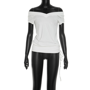 Viviblook C26TP254 Camiseta informal de verano para mujer, nueva, sexy, con cuello en V, hombros descubiertos y cordón ajustable. - Product Image 1