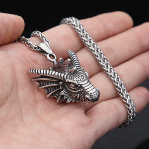 Yunnique – collier avec pendentif tête de Dragon en acier inoxydable pour hommes, bijoux cadeau, chaîne de 60cm, forme d'animal, Style rétro - Product Image 4