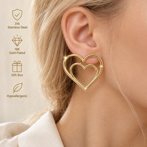 Orecchini a Doppio Cuore Traforati da Donna per Uso Quotidiano, Regali per Feste, Design Geometrico Romantico - Product Image 2