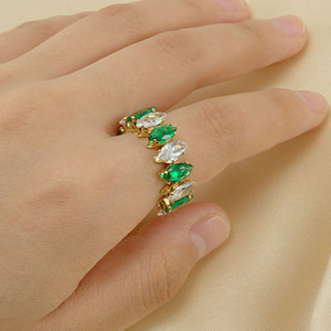Bulk Waterproof Chic Eternity Stainless Steel Gold 18k <strong>Emerald</strong> Zircon Diamond bar <strong>Bead</strong> Pave Open Cuff Design Finger Ring Jewelry - Product Image 1
