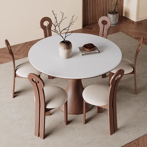 <span class=keywords><strong>Table</strong></span> de salle à manger moderne avec plateau rond en pierre frittée <span class=keywords><strong>blanche</strong></span> et base en bois massif en forme de <span class=keywords><strong>tulipe</strong></span> pour cuisine et appartement - Product Image 4