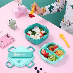 Kotak Bento PP lucu untuk makan siang sekolah dapat dipakai ulang kotak makan siang plastik anak-anak dengan kompartemen dan peralatan makan