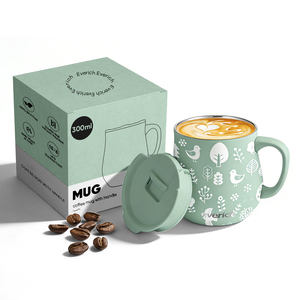 300ml Insulated Coffee Mug with Lid, Stainless Steel Double Wall Vacuum Travel Coffee Mug with Handle, Grass Green