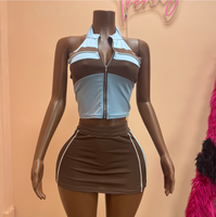 Ensemble deux pièces pour femmes, tenues sexy, hauts sans manches à fermeture éclair et mini-jupes