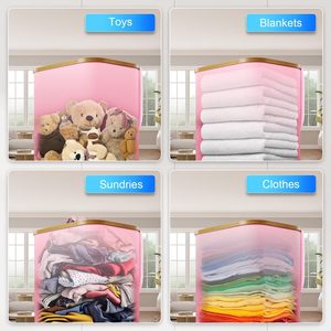 Màu hồng có thể gập lại giặt giỏ với bánh xe có thể tháo rời bên trong lưới túi tre Nắp Trọng lượng nhẹ ráp cán quần áo cản trở - Product Image 6