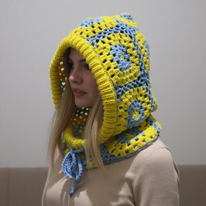 Cagoule <span class=keywords><strong>de</strong></span> <span class=keywords><strong>ski</strong></span> au crochet motif carré Granny pour <span class=keywords><strong>femme</strong></span>, faite main, style vintage, avec liens <span class=keywords><strong>de</strong></span> fixation - Product Image 3