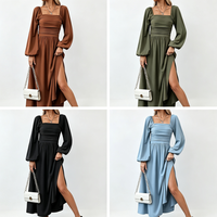 Robe d'automne personnalisable pour femme, col carré, tissée, avec poitrine froncée, manches lanternes, taille haute, fente, couleur unie, élégante, pour le quotidien