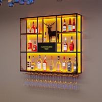 Meuble bar en bois avec étagère à vin murale éclairée pour restaurants, présentoir en fer forgé