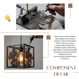 Suspension simple en métal noir mat, forme cage, avec découpe silhouette de vase à fleurs artistique et motif bouquet - Product Image 6