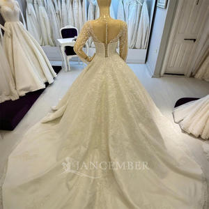 Jancember Vestidos DE BODA civiles modernos Vestidos bordados de encaje de satén de manga larga con apliques de cristal y flores - Product Image 2