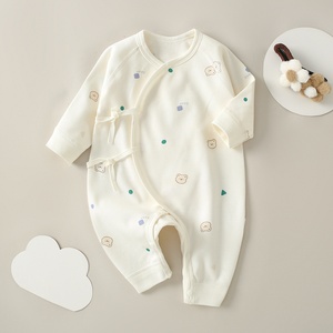 Primavera otoño <span class=keywords><strong>ropa</strong></span> para recién nacidos Clase A bebé sin costuras Algodón puro manga larga corbata mameluco estilo lindo Cierre de botón para niños niñas - Product Image 5