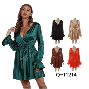 Ladies Woman Custom Mature Ladies Satin Dresses Soft Long Sleeve Mini Skirt Satin Women Casual Dress With Pajamas