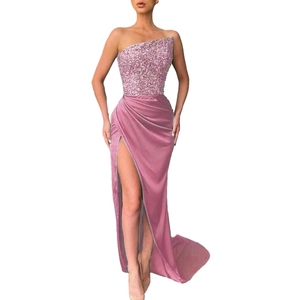 Robes de soirée élégantes pour femmes, tendance, sans bretelles, asymétriques, avec des sequins et des patchwork en satin, vente chaude - Product Image 3