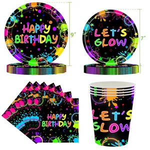 Glow Birthday Party Supplies Let's Glow Birthday Party Neon Plates Napkins Cups Fork Knives for Neon Theme Party Supplies H0961