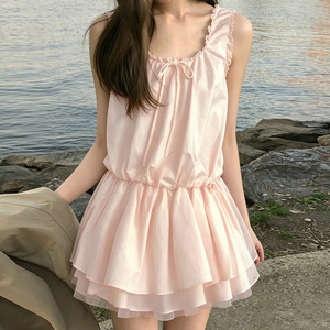 Lolita Style Woven Eco-Friendly Natural Waist Women's Dress U Neck <b>Tie</b> Front Loose Ruched Mini Vacation Dress - Product Image 2