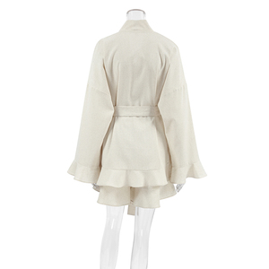 Qosi jubah Ruffle piyama polos wanita, dengan sabuk katun Linen pakaian tidur wanita dua potong Set pakaian tidur wanita katun - Product Image 5