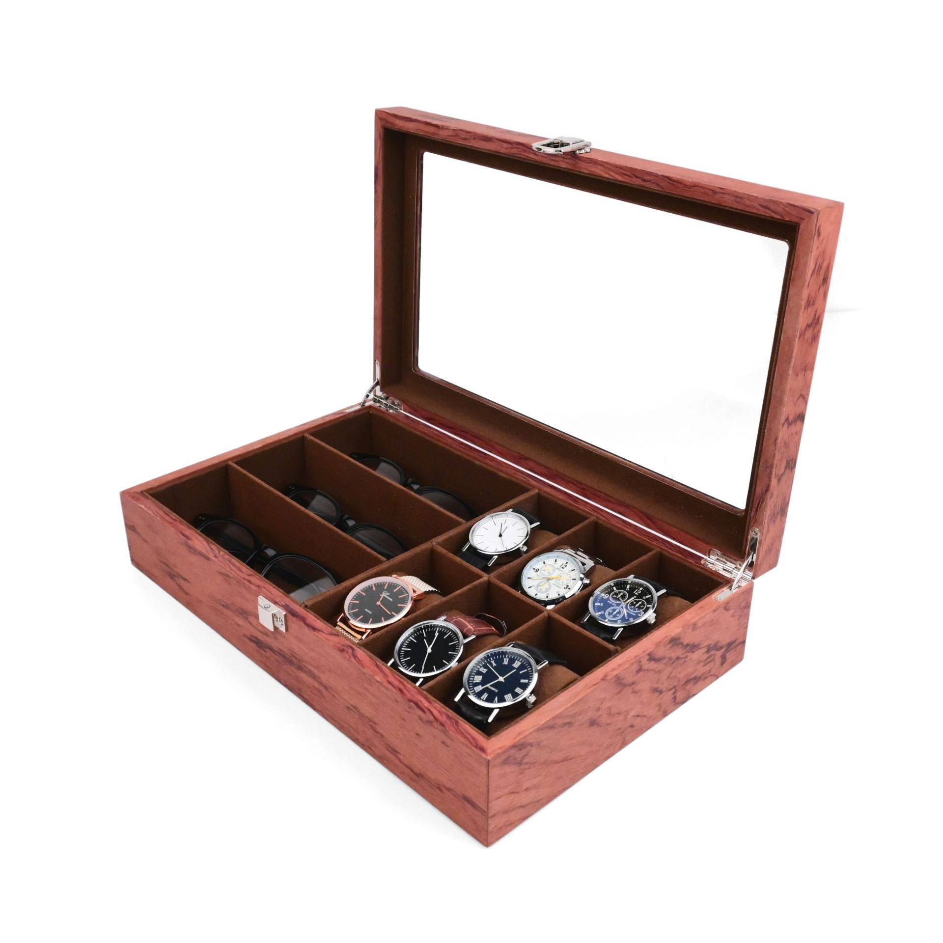 Étui à lunettes en bois simple couche 6+3 motif carthame poire / intérieur marron