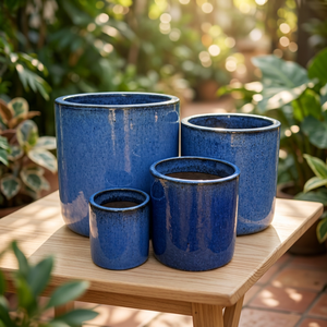 Modern Glazed <b>Clay</b> Cylinder Flower Pots <b>Set</b> Blue Circular Pattern Floor Outdoor Garden Planters Drainage Hole DAIPHONGLAN - Product Image 2