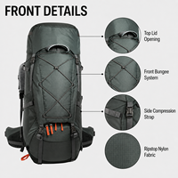 Sac à dos de camping OEM ODM 65+10L résistant à l'abrasion, spacieux, pour la randonnée, avec plaque en aluminium