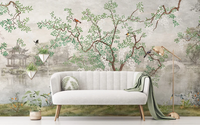 Papier peint non tissé mural Paysage Lacustre et Arbres, Taille personnalisée, Décoration murale élégante style Chinoiserie pour Salon, Chambre, Hall d'hôtel