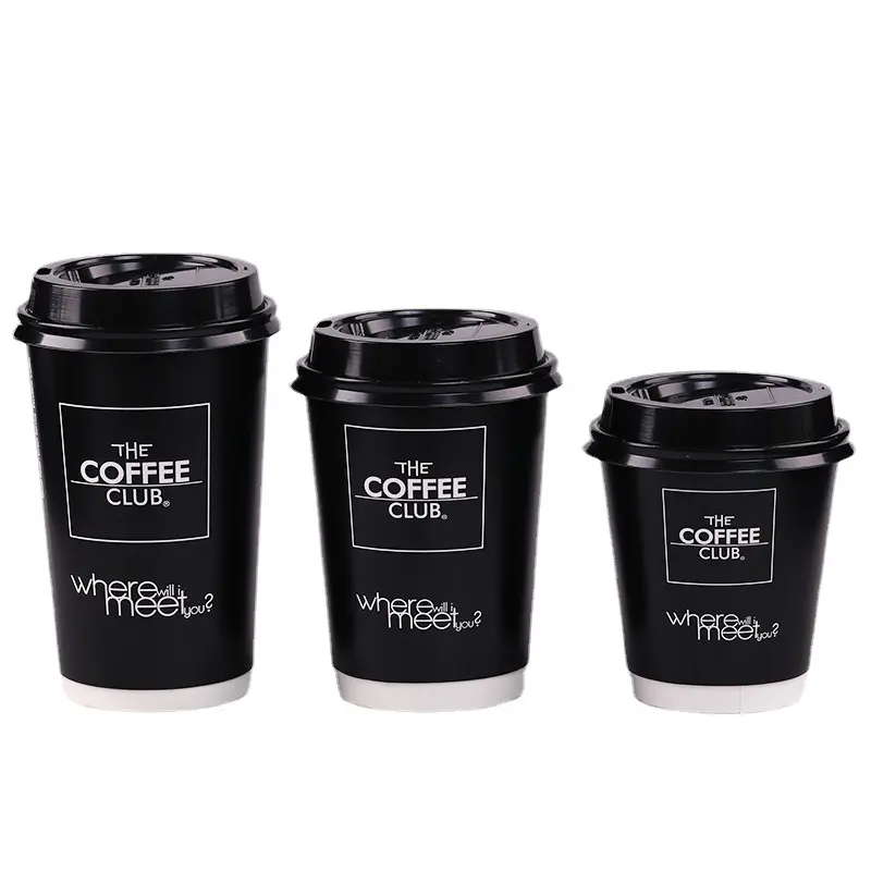 custom printed disposable double wall 12oz hot beverage eco friendly black paper coffee cups with lid