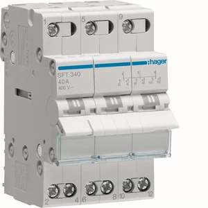SFT340 Personalizzabile con interruttore di commutazione Hagers 1-0-2, 3 poli, 3 NO + 3 NC, 40 A, 3 moduli DIN, attacco superiore comune - Product Image 1