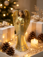 Statuette d'ange doré en résine tenant un oiseau, statue d'ange commémorative de sympathie, statue d'ange doré élégante avec des ailes dorées assorties